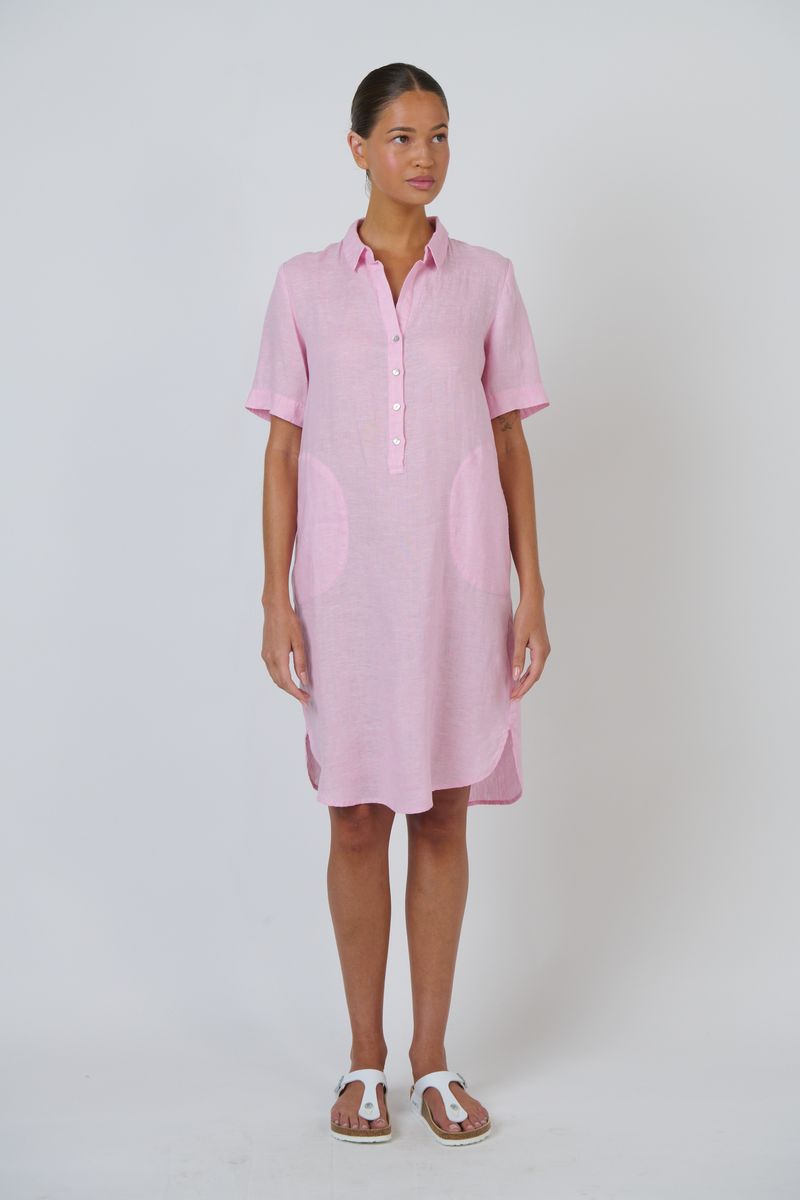 Enveloppe ENVD-170 - Linen Knee-Length Collared Dress Bonbon Pink | Women's Clothing | Gretel Lane