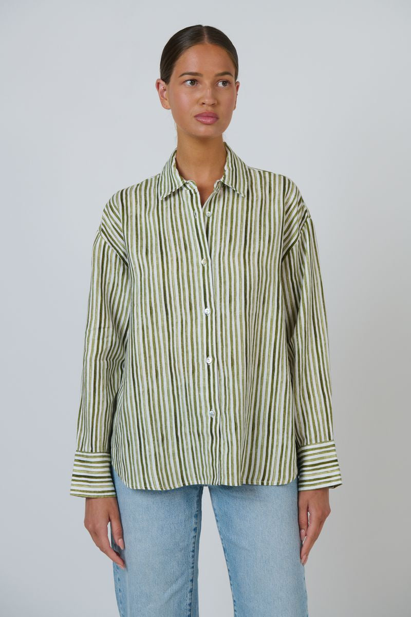Enveloppe ENVL-148 Women's Linen Button Through Shirt Gum Stripe | Women's Clothing | Gretel Lane