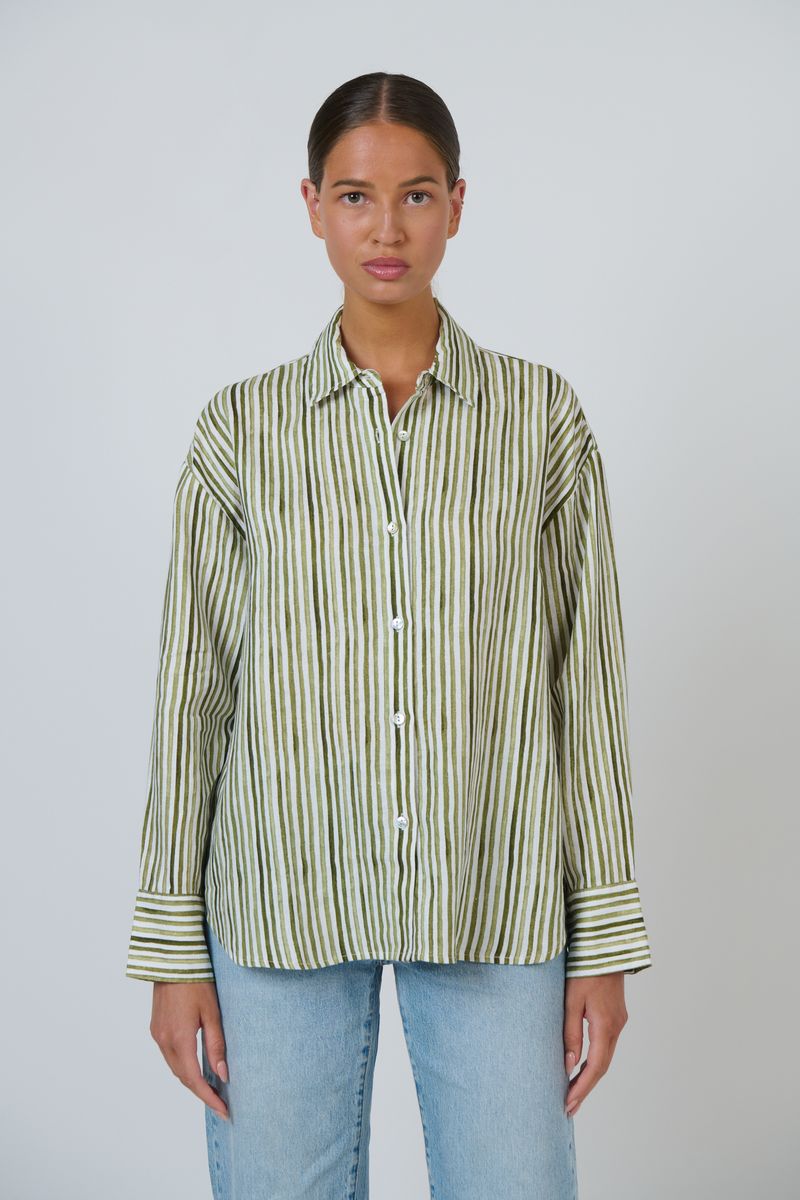Enveloppe ENVL-148 Women's Linen Button Through Shirt Gum Stripe | Women's Clothing | Gretel Lane