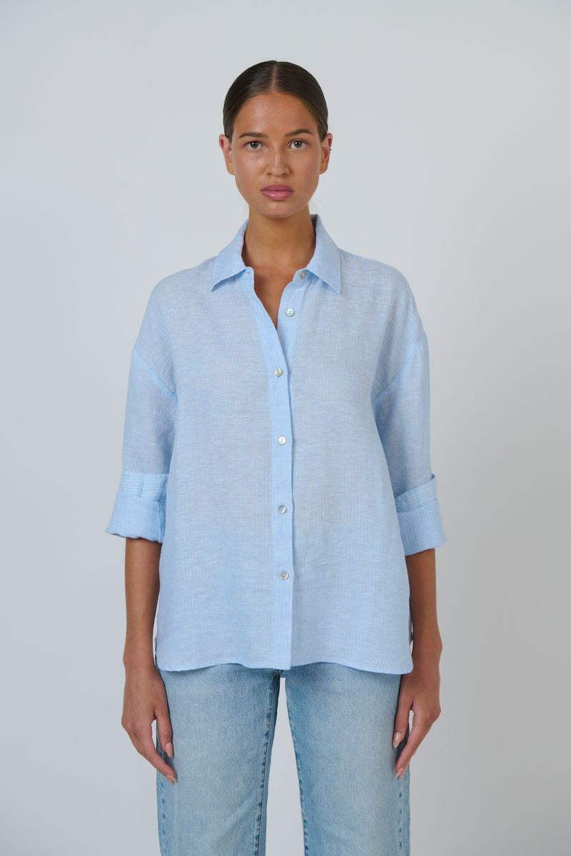 Enveloppe Women's Linen Button Through Shirt | ENVL-156 Rayure Ciel | Gretel Lane