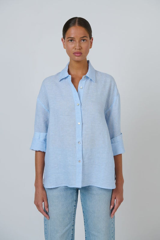 Enveloppe Women's Linen Button Through Shirt | ENVL-156 Rayure Ciel | Gretel Lane