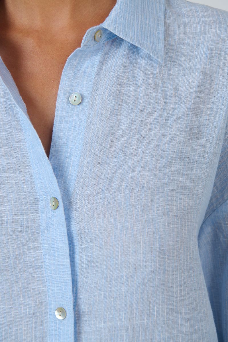 Enveloppe Women's Linen Button Through Shirt | ENVL-156 Rayure Ciel | Gretel Lane