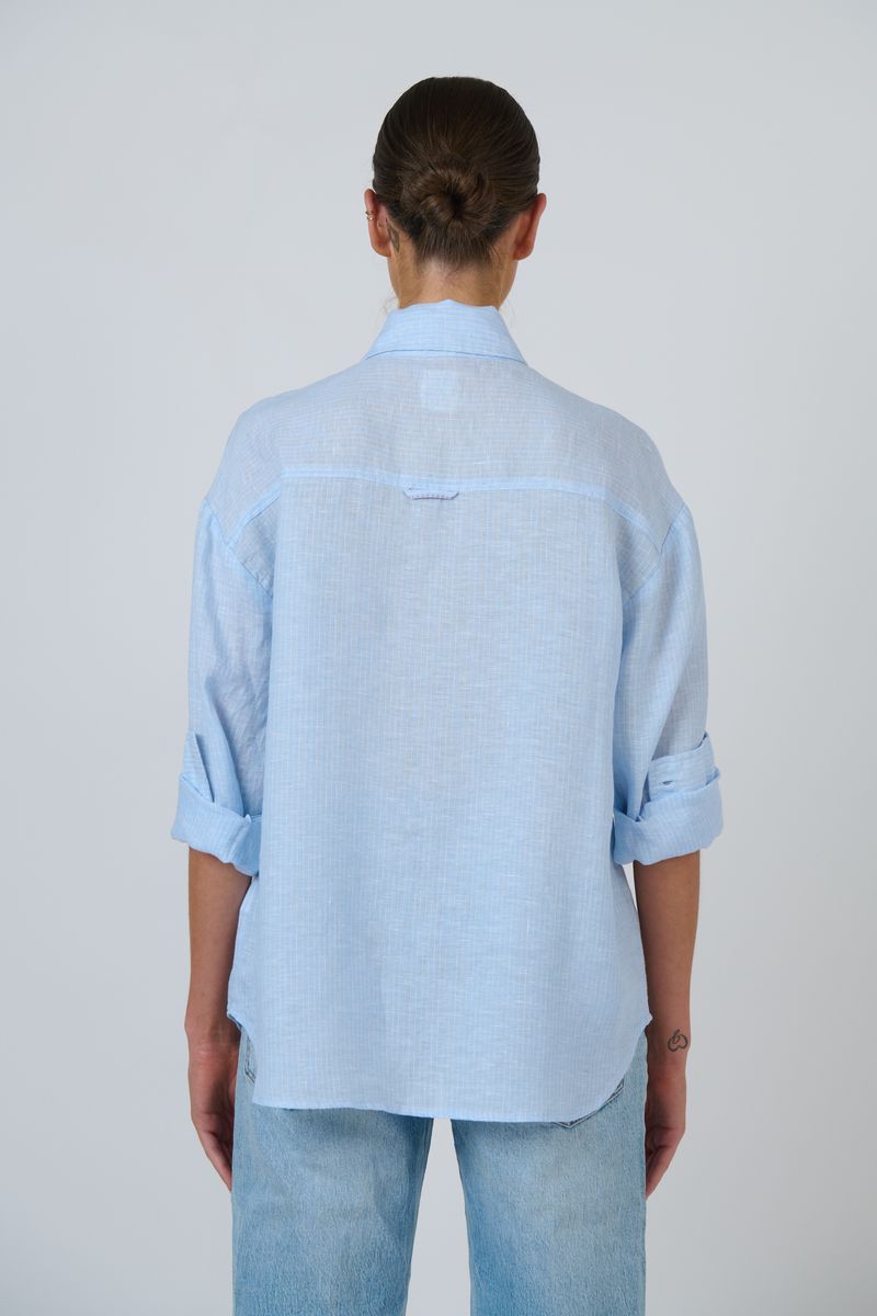 Enveloppe Women's Linen Button Through Shirt | ENVL-156 Rayure Ciel | Gretel Lane