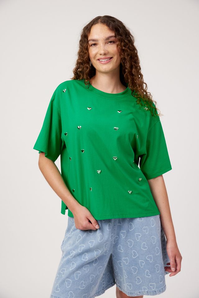 HAVEN Elba Heart Embellished Cotton T-Shirt Green | Women's Clothing | Gretel Lane