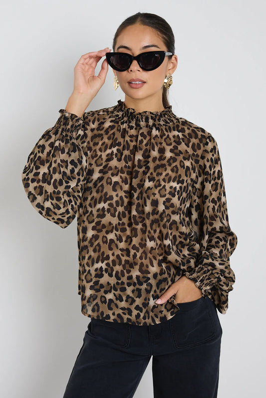 Embrace Georgette High Neck LS Top (Leopard)