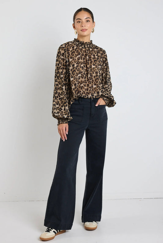 Embrace Georgette High Neck LS Top (Leopard)