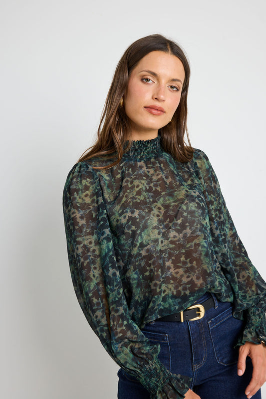 Emphatic Shirred Neck LS Top (Khaki Ditsy Print)