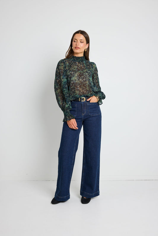 Emphatic Shirred Neck LS Top (Khaki Ditsy Print)