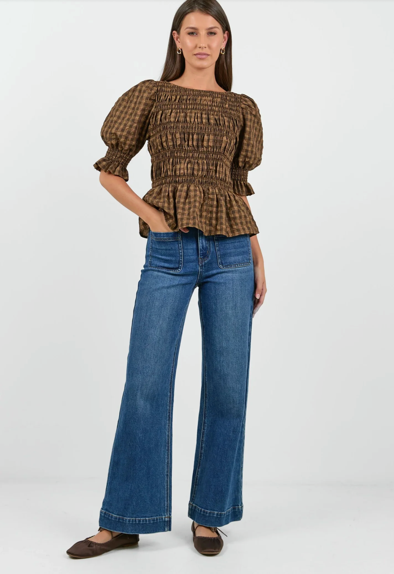 Stories Be Told Enclasp Shirred Body Long Sleeve Top in Chocolate and Caramel Check | Women's Tops | Gretel Lane