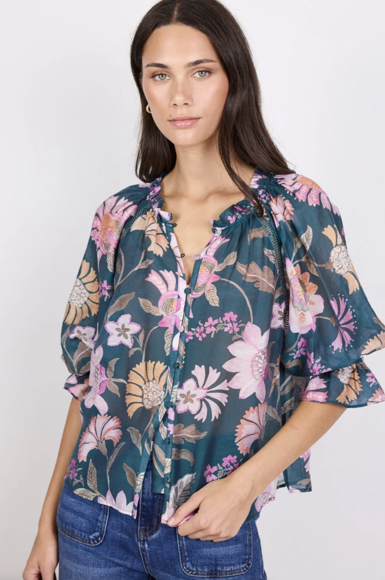 By Rosa Encounter Short Sleeve Gathered Button Front Top Petrol Scarf Print | Women's Tops | Gretel Lane
