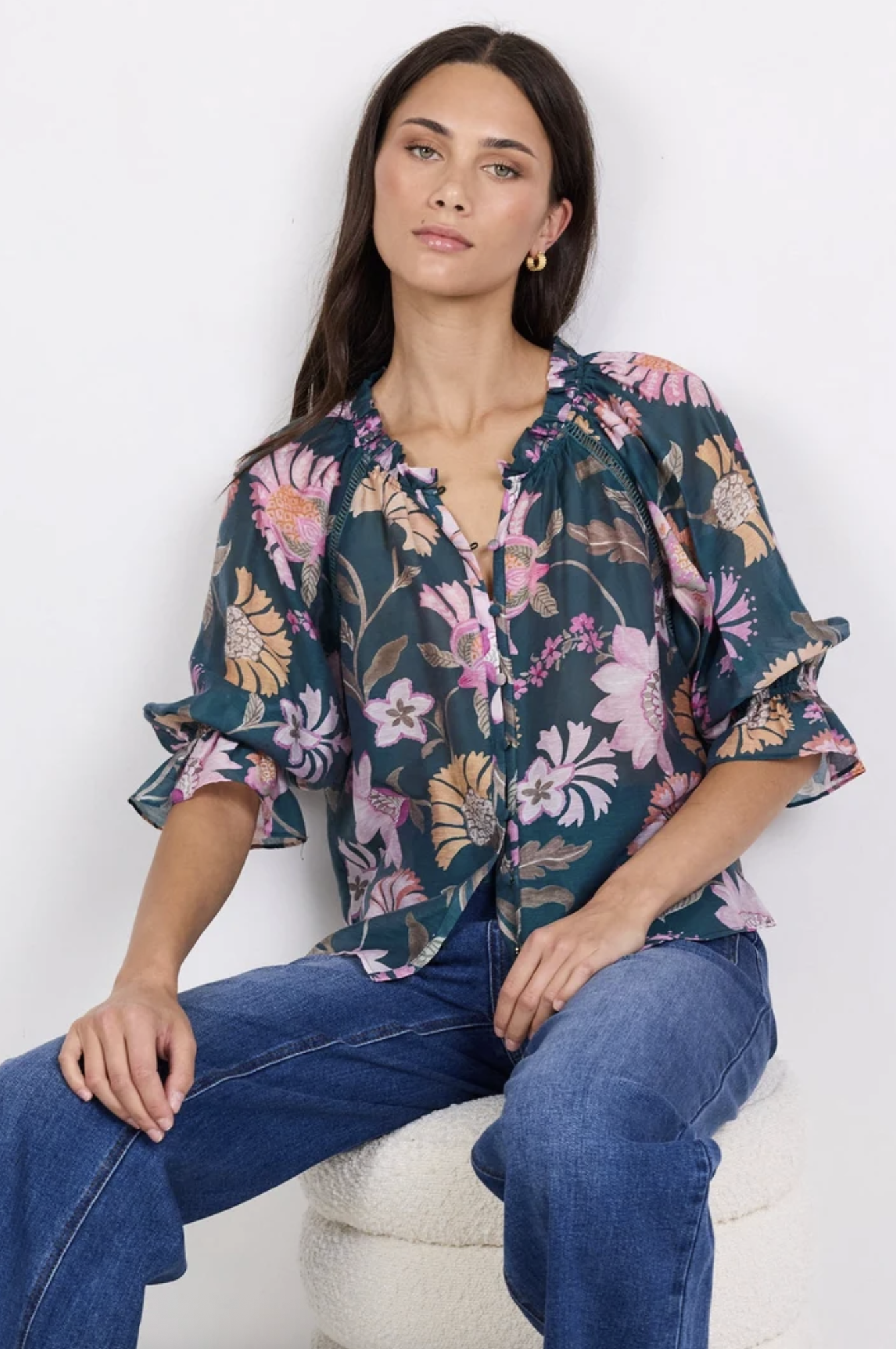 By Rosa Encounter Short Sleeve Gathered Button Front Top Petrol Scarf Print | Women's Tops | Gretel Lane