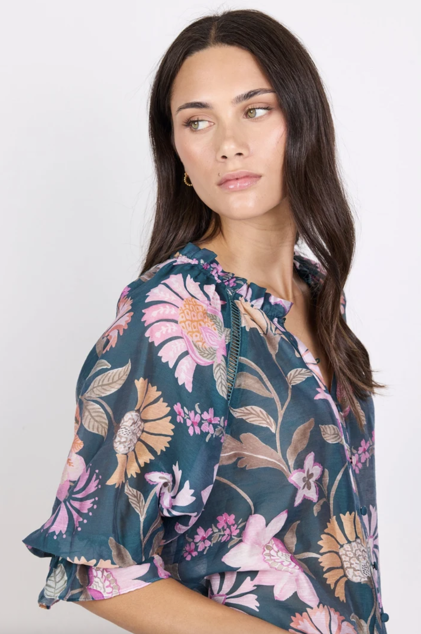 By Rosa Encounter Short Sleeve Gathered Button Front Top Petrol Scarf Print | Women's Tops | Gretel Lane