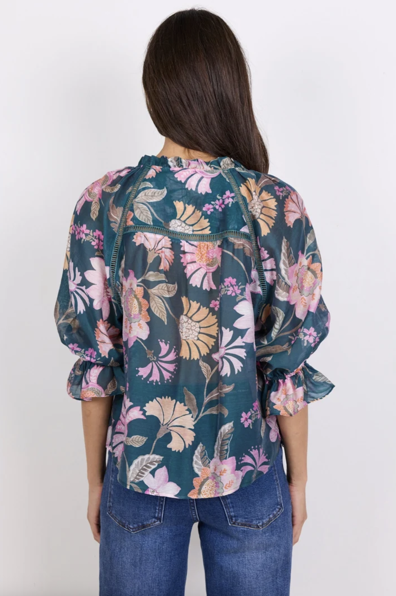 By Rosa Encounter Short Sleeve Gathered Button Front Top Petrol Scarf Print | Women's Tops | Gretel Lane