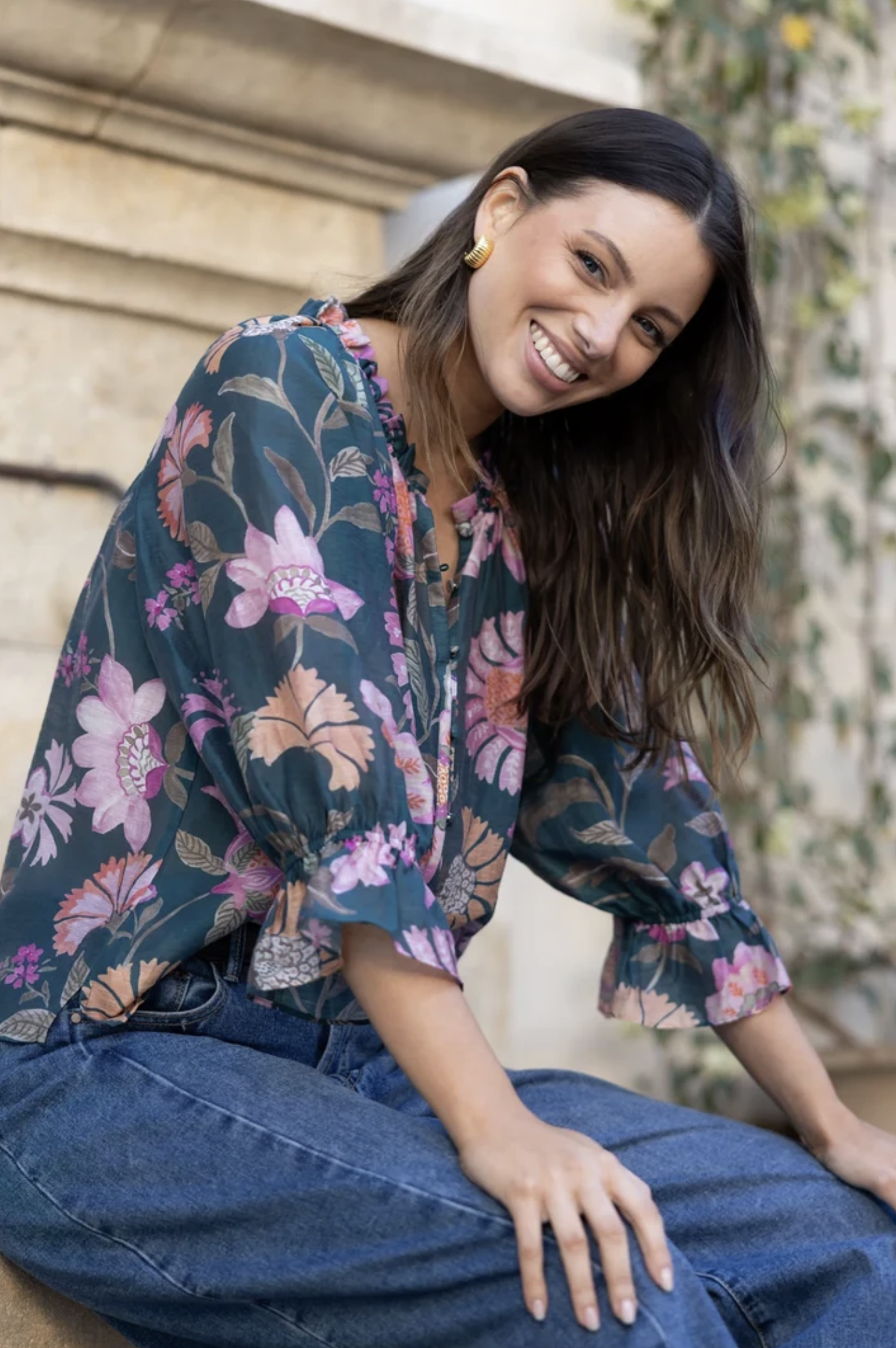 By Rosa Encounter Short Sleeve Gathered Button Front Top Petrol Scarf Print | Women's Tops | Gretel Lane
