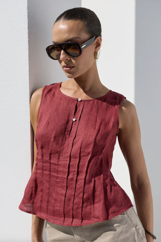 Stories Be Told Encourage Pintuck Front Sleeveless Boatneck Top Wine Linen | Women's Clothing | Gretel Lane