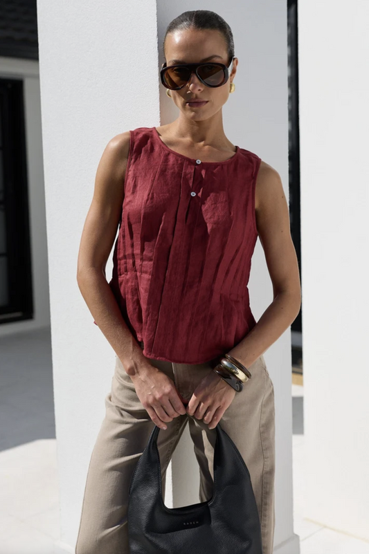 Stories Be Told Encourage Pintuck Front Sleeveless Boatneck Top Wine Linen | Women's Clothing | Gretel Lane