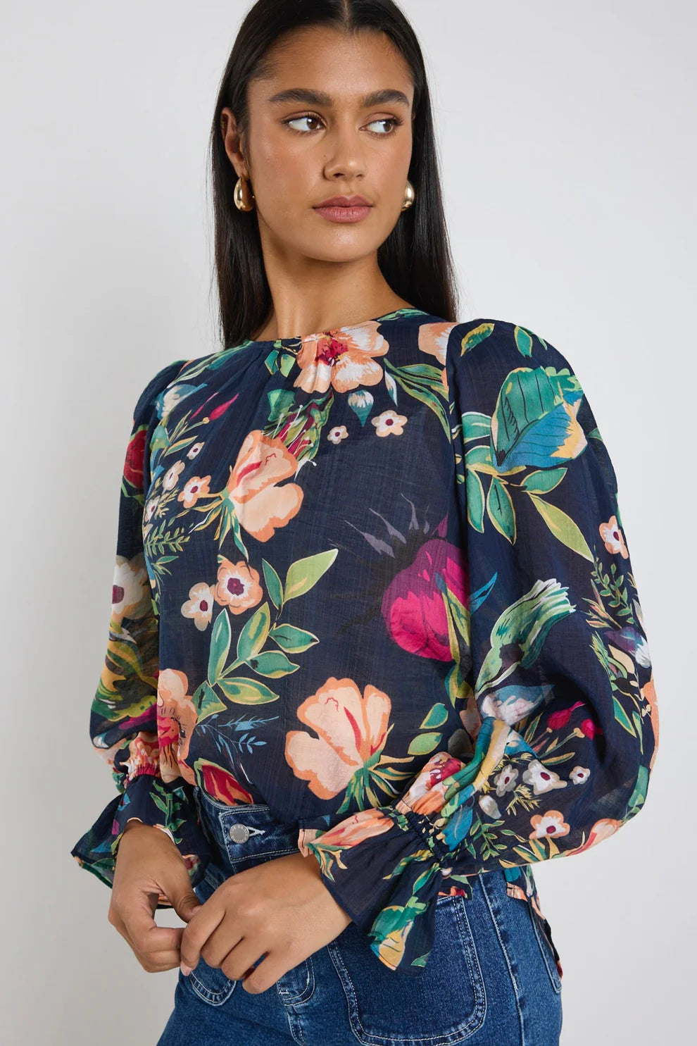 Endless Blouson Sleeve LS Top (Navy Vibrant Floral)