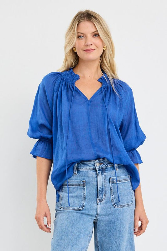 Expedition Shirred Neck Short Sleeve Top (Blue)