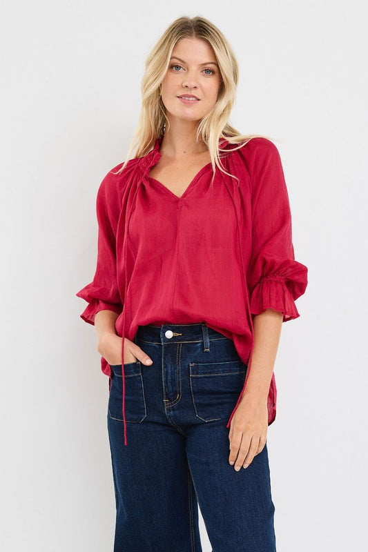 Expedition Shirred Neck Short Sleeve Top (Raspberry)