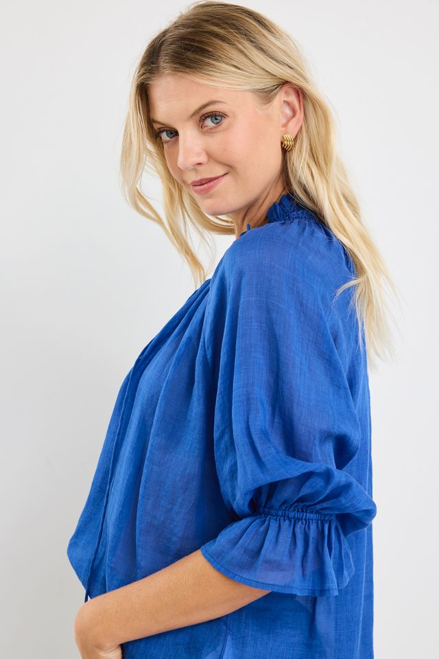 Expedition Shirred Neck Short Sleeve Top (Blue)