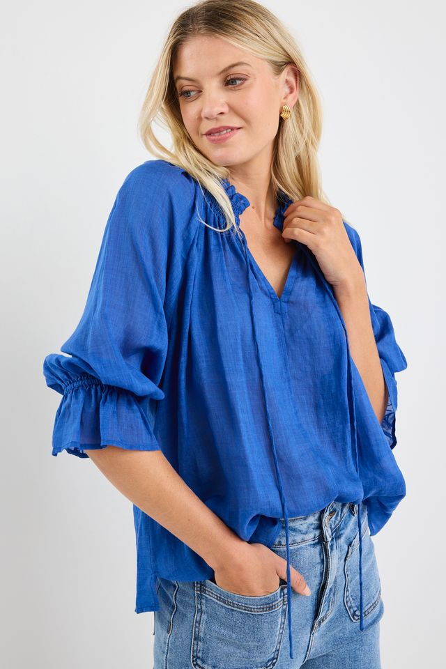 Expedition Shirred Neck Short Sleeve Top (Blue)