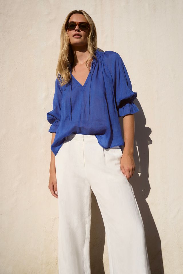 Expedition Shirred Neck Short Sleeve Top (Blue)