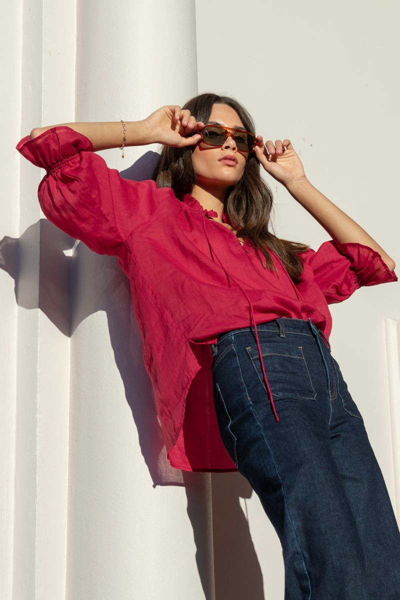 Expedition Shirred Neck Short Sleeve Top (Raspberry)