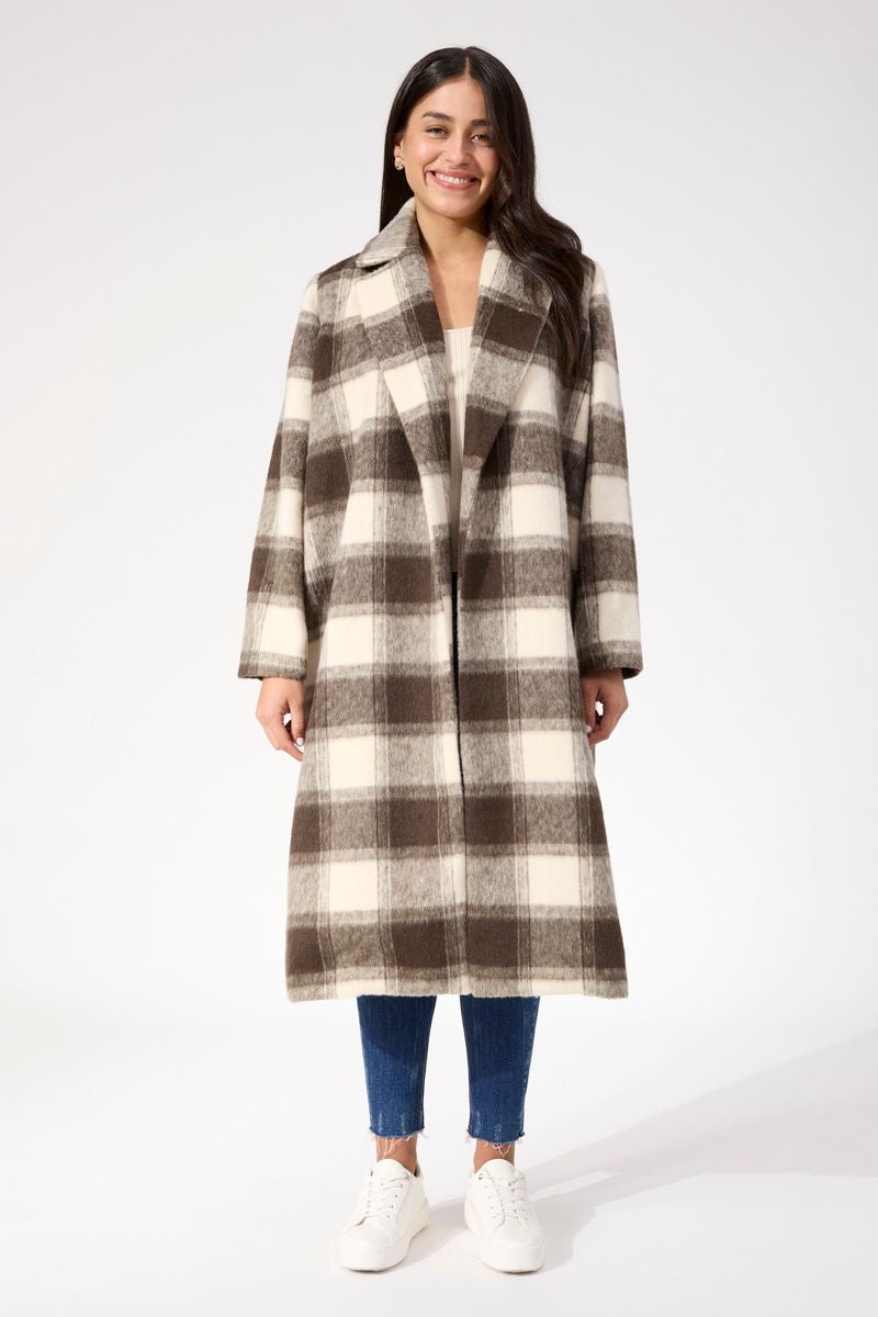 Haven Women's Longline Brown Check Wool-Blend Fargo Coat | Gretel Lane
