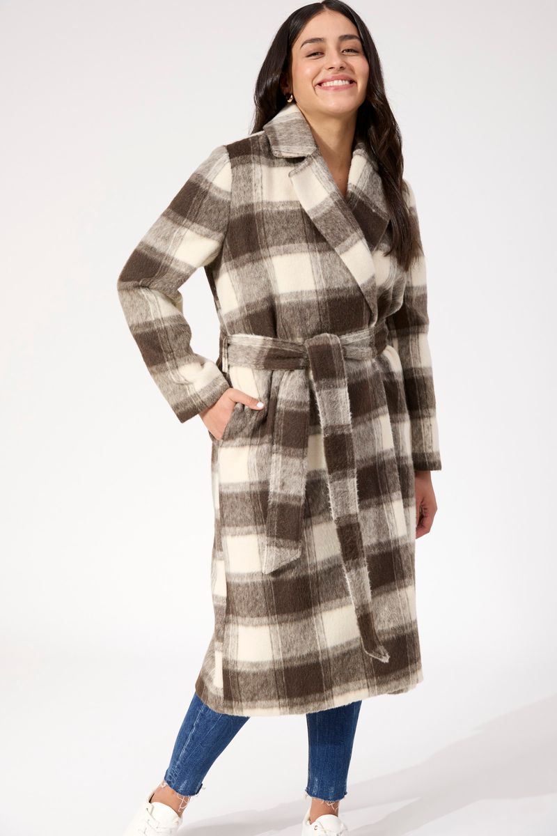 Haven Women's Longline Brown Check Wool-Blend Fargo Coat | Gretel Lane