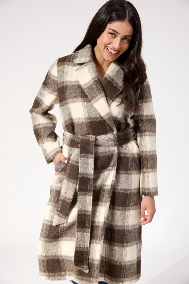 Haven Women's Longline Brown Check Wool-Blend Fargo Coat | Gretel Lane