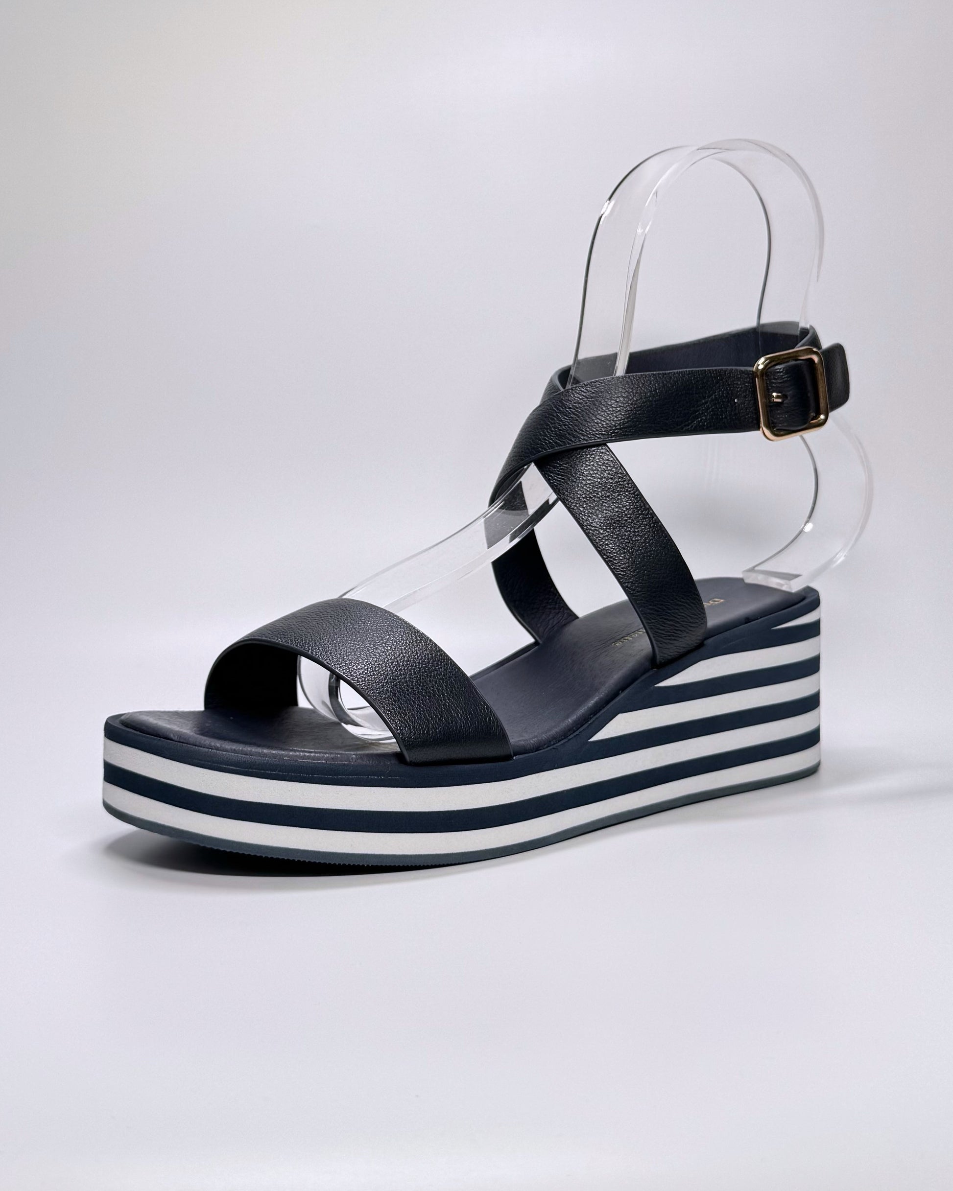 Women's Navy Stripe Sole Wedge Sandal | Gretel Lane