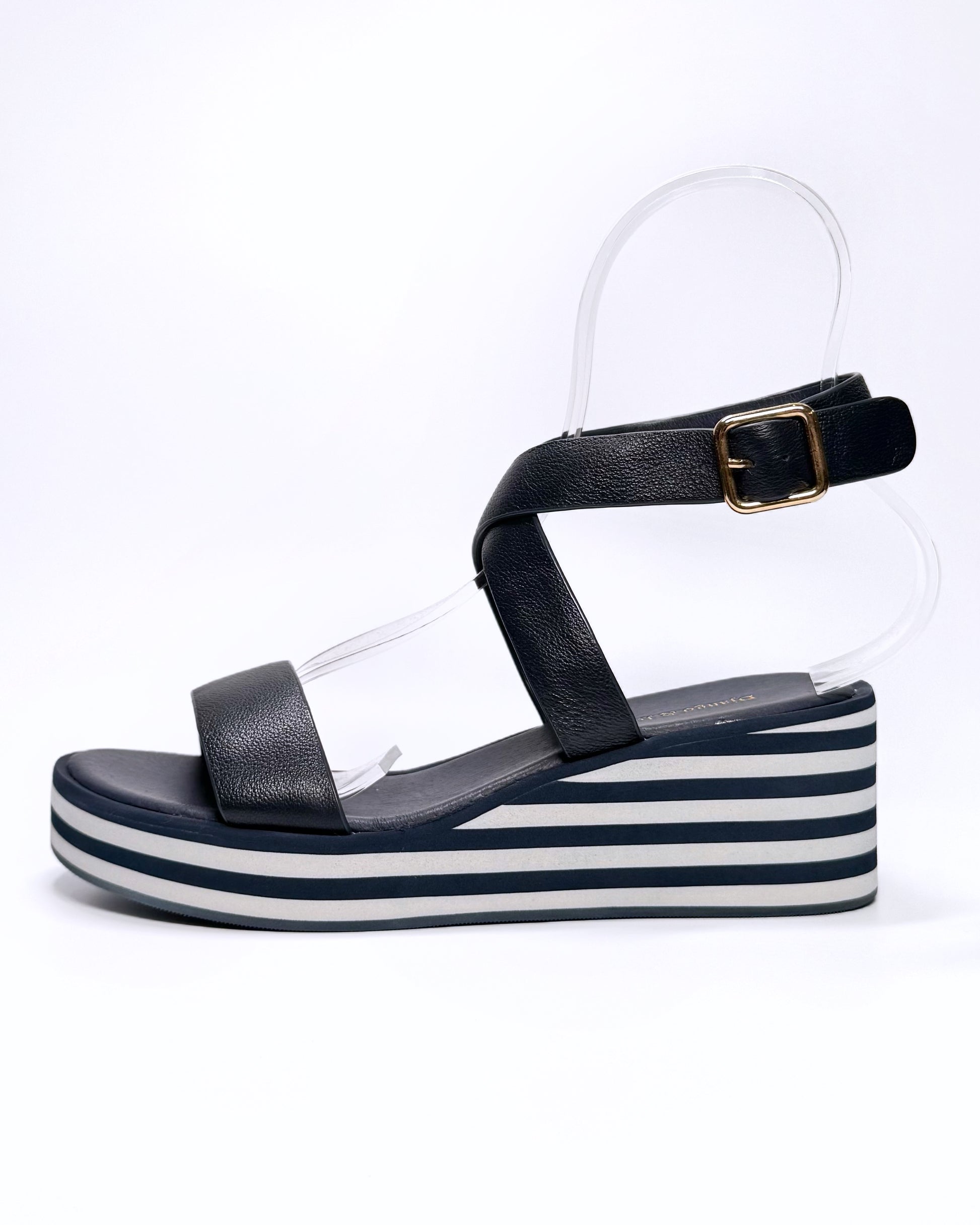 Women's Navy Stripe Sole Wedge Sandal | Gretel Lane
