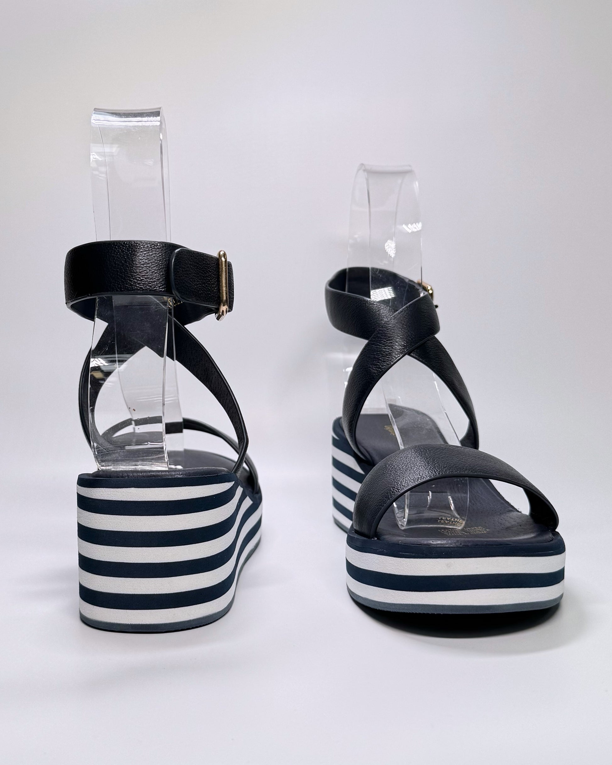 Women's Navy Stripe Sole Wedge Sandal | Gretel Lane