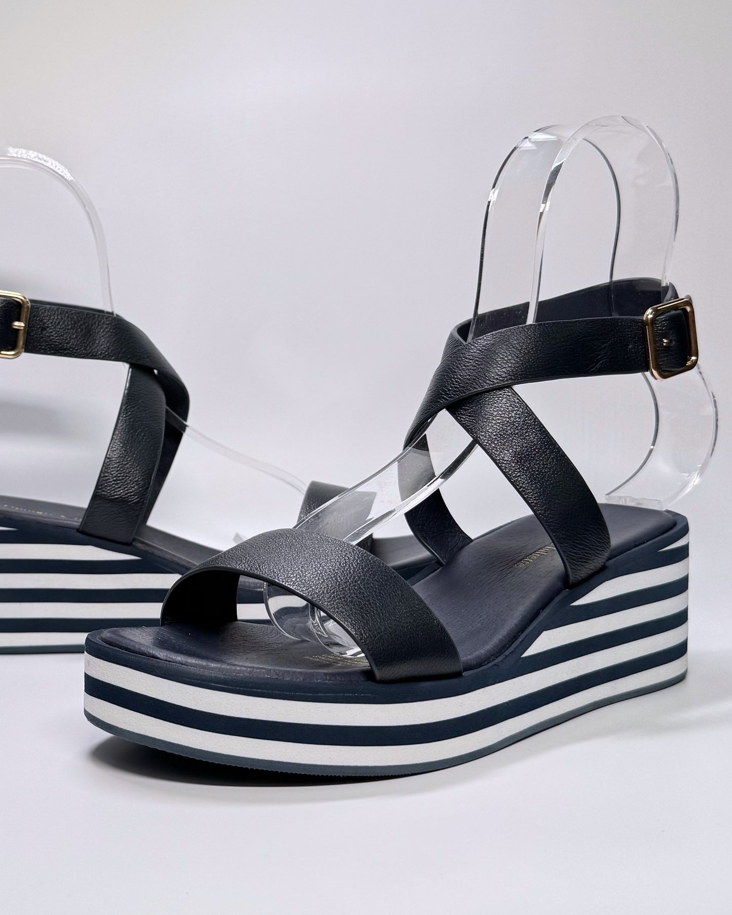 Women's Navy Stripe Sole Wedge Sandal | Gretel Lane
