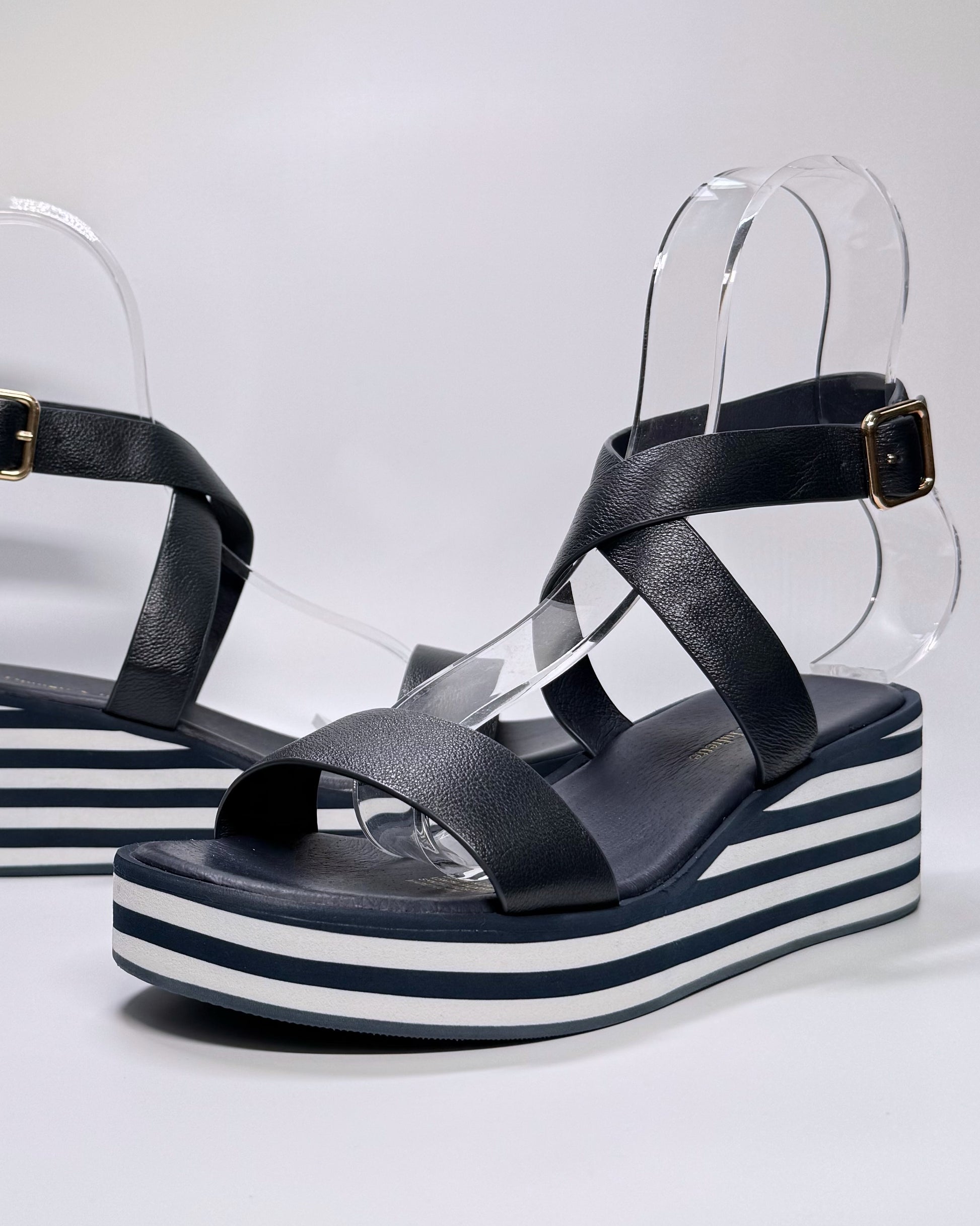 Women's Navy Stripe Sole Wedge Sandal | Gretel Lane