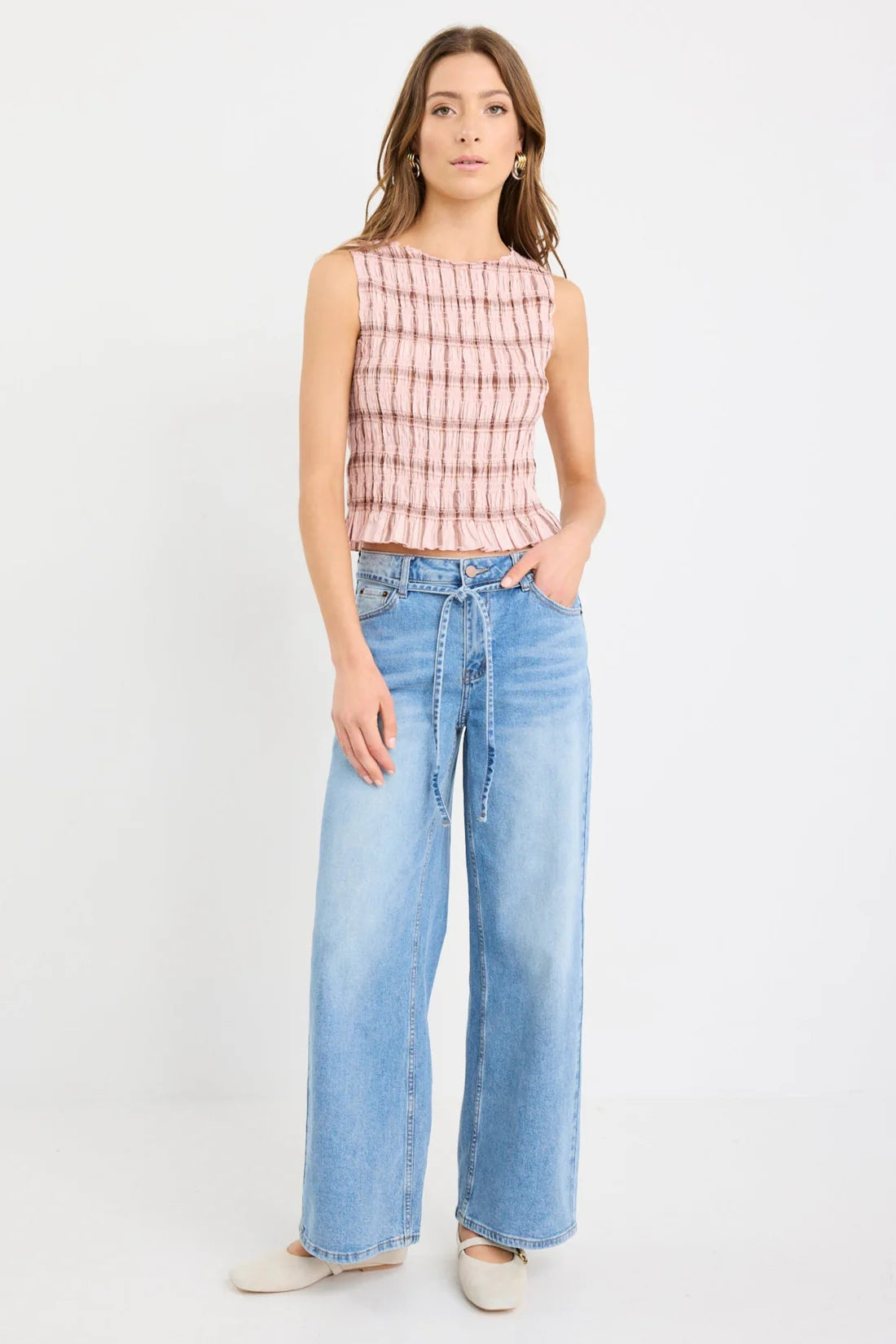 Forsaken Shirred Sleeveless Blush Check Top | Gretel Lane