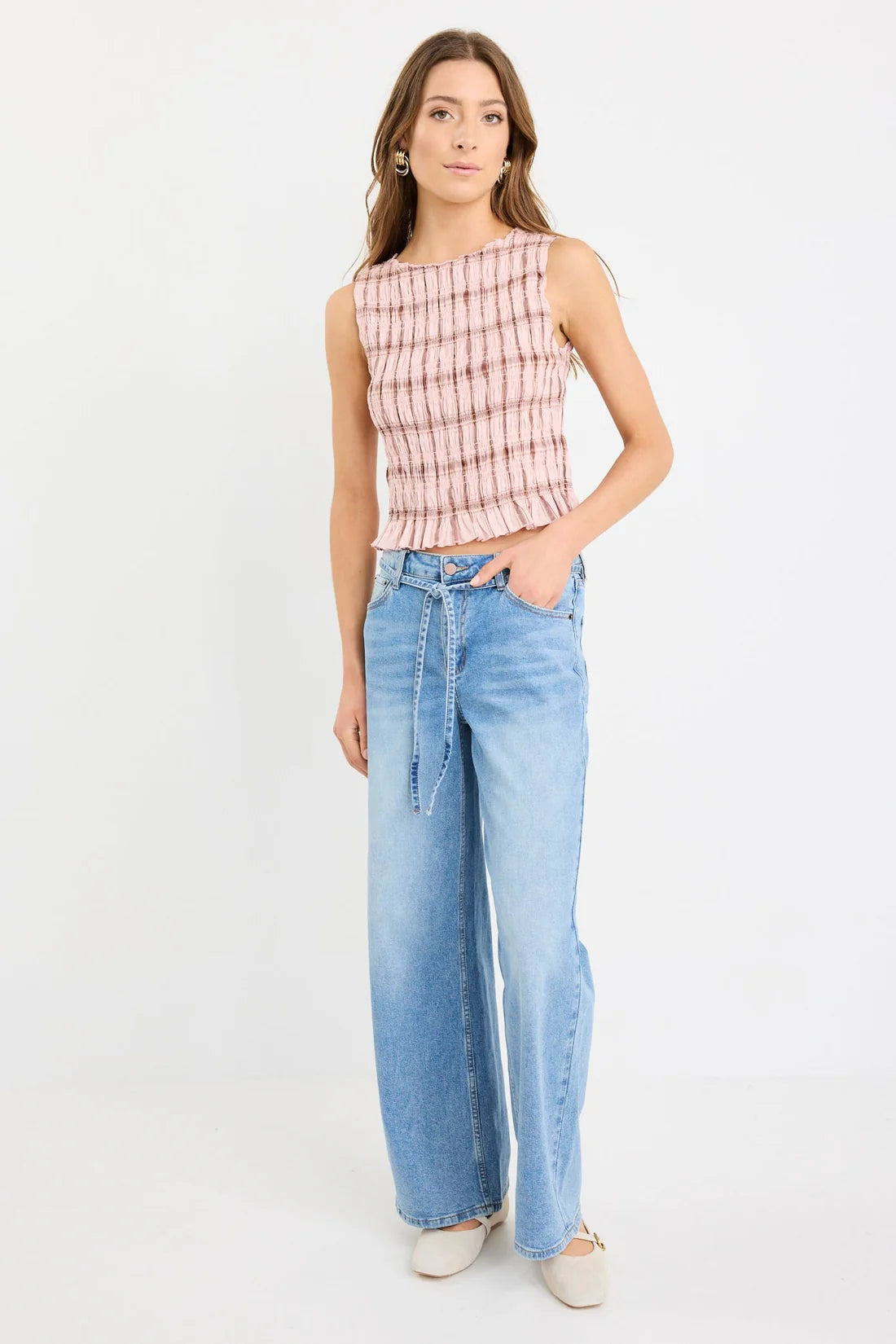 Forsaken Shirred Sleeveless Blush Check Top | Gretel Lane
