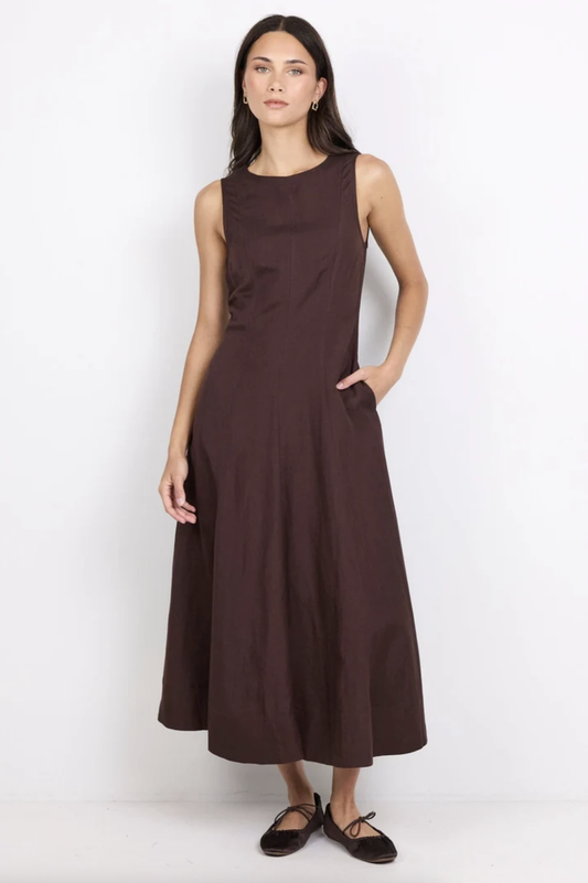 RE:UNION Forum Panelled Sleeveless Linen Maxi Dress Chocolate | Women's Dresses | Gretel Lane