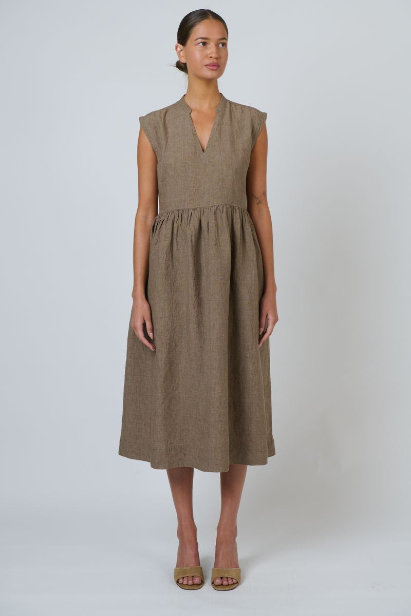 Naturals by O&J GA606 Women's Linen V-neck Midi Dress Agate | Women's Clothing | Gretel Lane