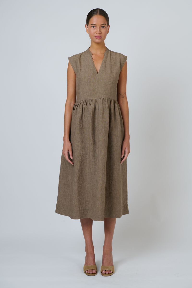 Naturals by O&J GA606 Women's Linen V-neck Midi Dress Agate | Women's Clothing | Gretel Lane