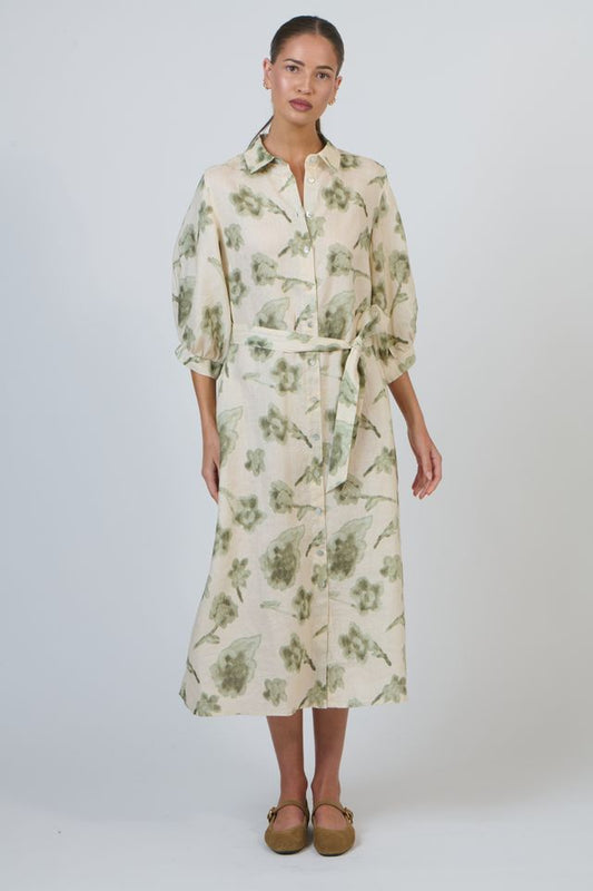 Green floral button through mid length linen dress | Gretel Lane