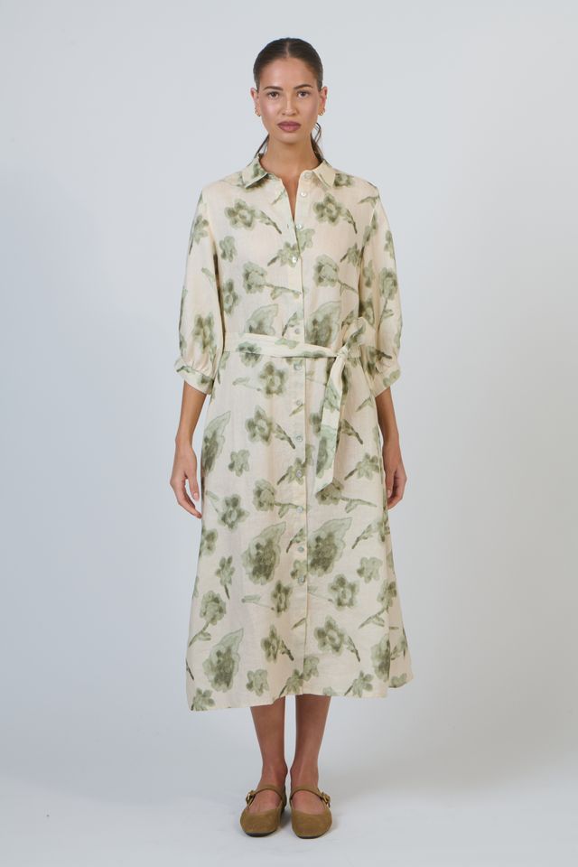 Green floral button through mid length linen dress | Gretel Lane