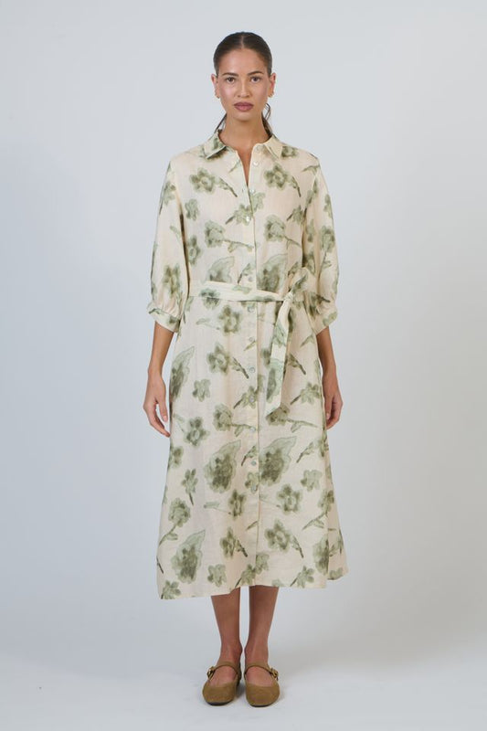 Green floral button through mid length linen dress | Gretel Lane