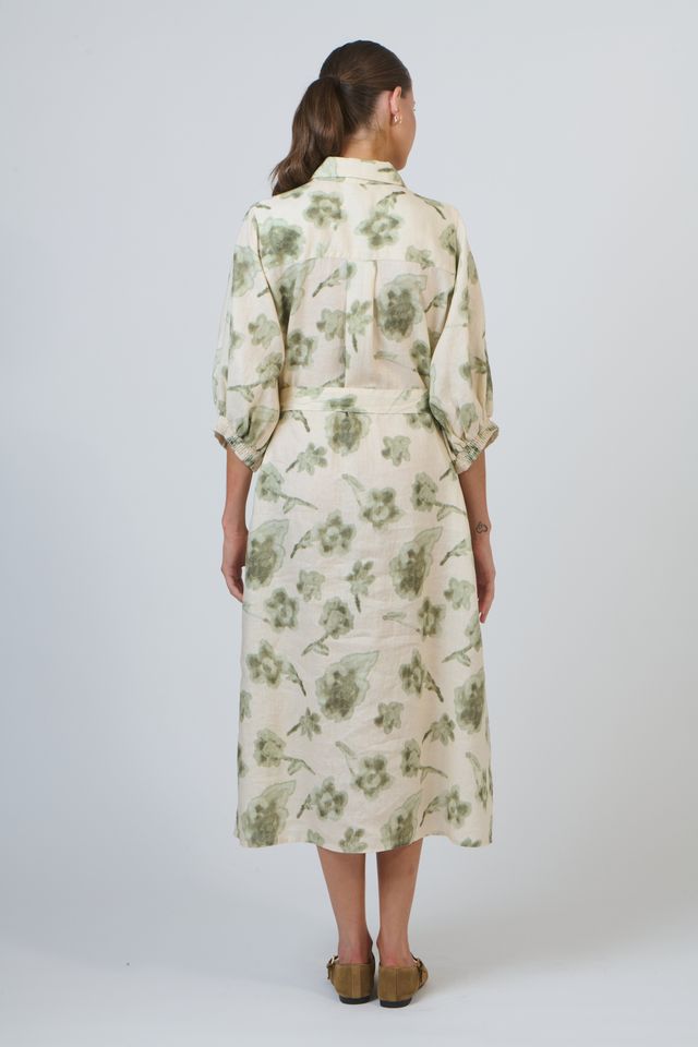 Green floral button through mid length linen dress | Gretel Lane