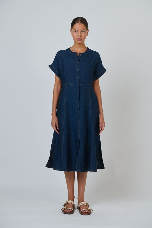 Naturals by O&J GA612 Women's Linen Button Through Midi Dress Eclipse | Women's Clothing | Gretel Lane