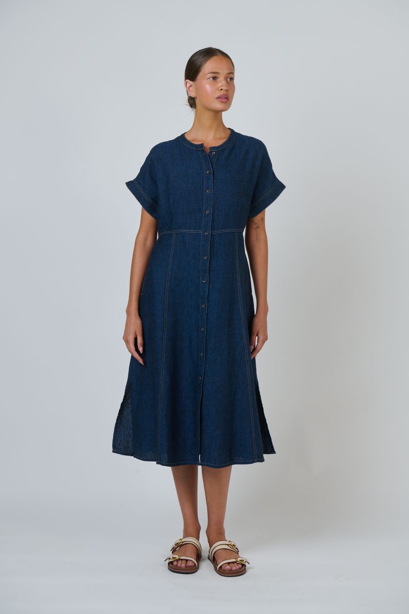 Naturals by O&J GA612 Women's Linen Button Through Midi Dress Eclipse | Women's Clothing | Gretel Lane
