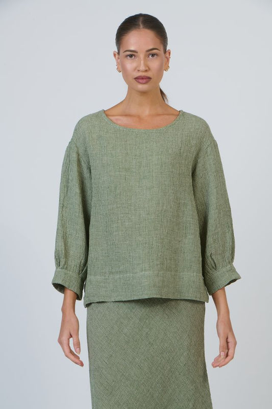 Women's Green textured linen blouse | Gretel Lane