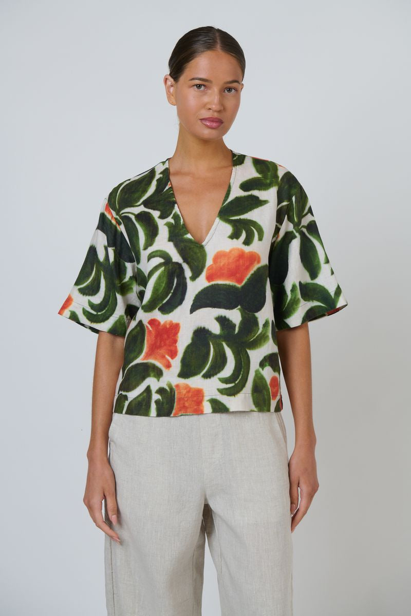 Naturals by O&J GA683 - Linen V-Neck Short Sleeve Top Tuileries Print | Women's Clothing | Gretel Lane