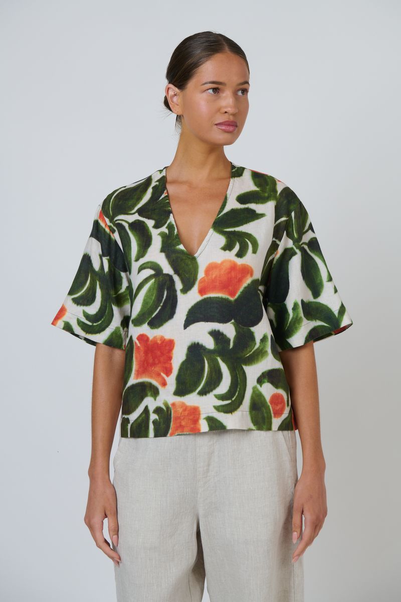 Naturals by O&J GA683 - Linen V-Neck Short Sleeve Top Tuileries Print | Women's Clothing | Gretel Lane