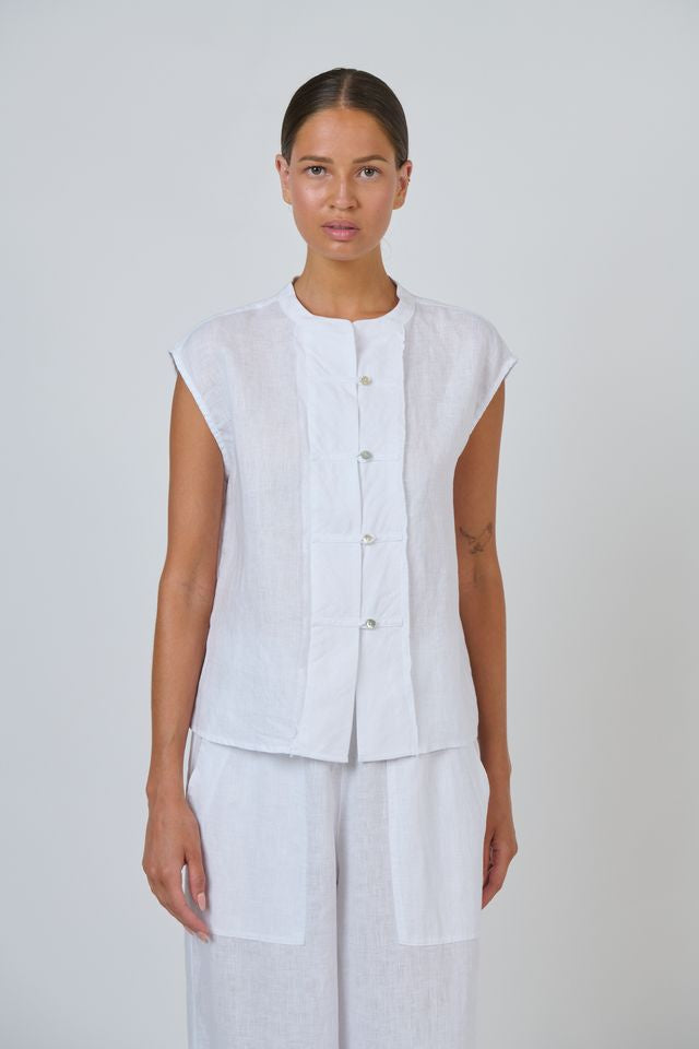 Naturals by O & J GA688 Women's Cap Sleeve Linen Button Top White | Women's Clothing | Gretel Lane